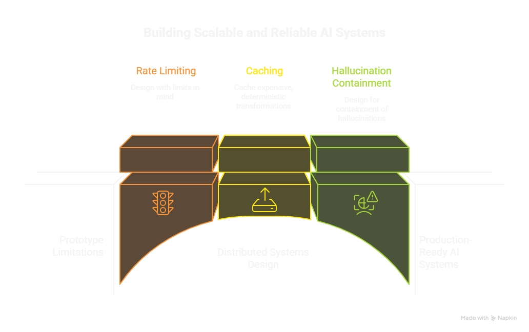 Diagram by Arpit Desai showing how rate limiting, caching and hallucination containment turn prototypes into scalable and reliable AI systems.